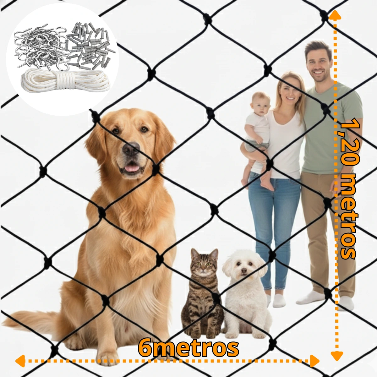 Rede de proteção para sacada estreita ou varanda longa 1,20m x 6,00m, polietileno 620kg branca com kit instalação, Shopping das Redes