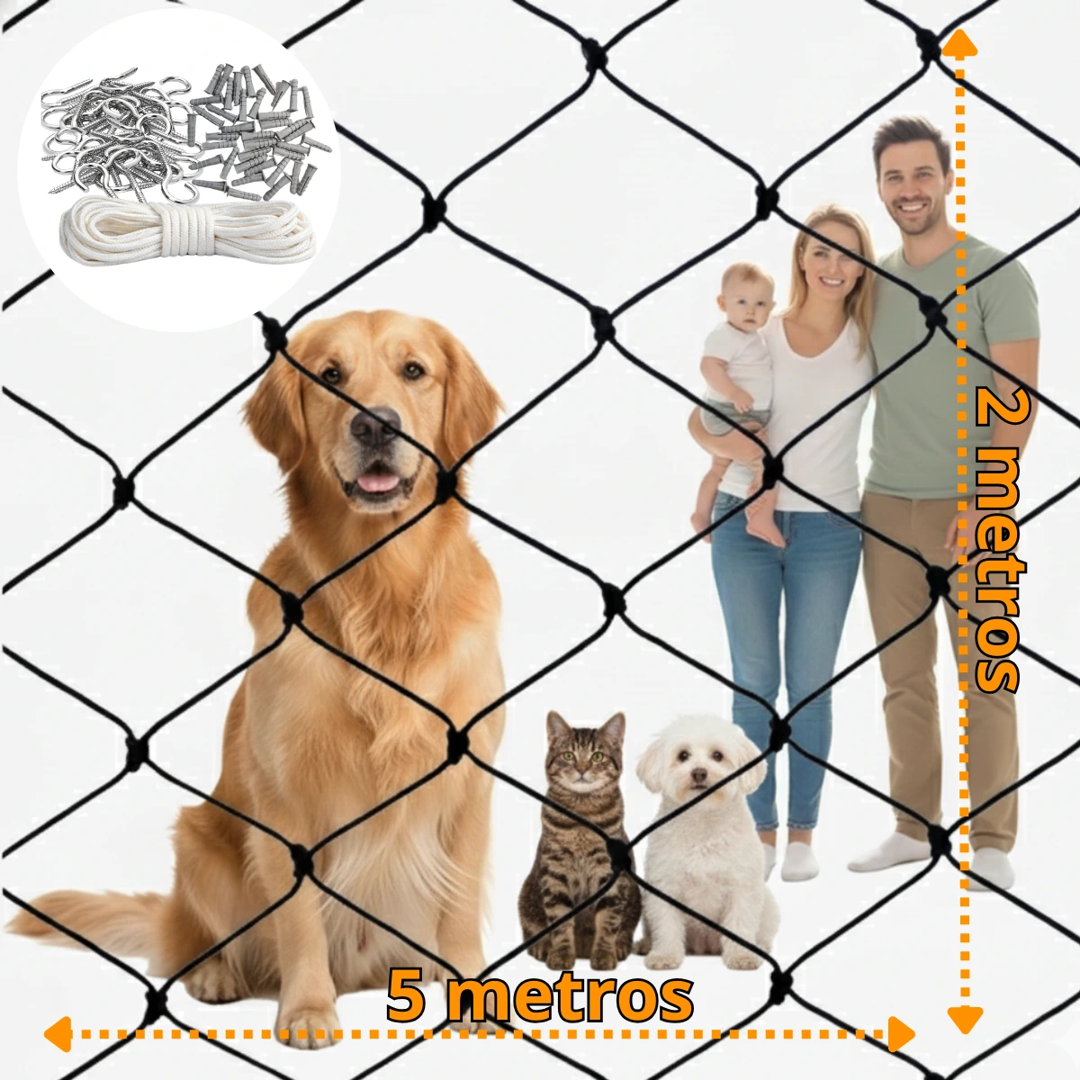 Rede de proteção para sacada grande ou varanda gourmet 2,0m x 5,0m, polietileno 620kg branca com kit instalação, Shopping das Redes.